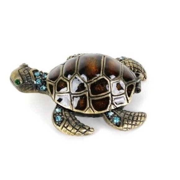 Vintage Jewelry - Turtle Jeweled Enamel Collectible Keepsake Hinged Trinket/Pill Box Charm Pendant